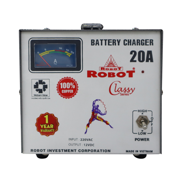 MÁY SẠC BÌNH ẮC QUY ROBOT 12V-20AH (DÂY ĐỒNG)