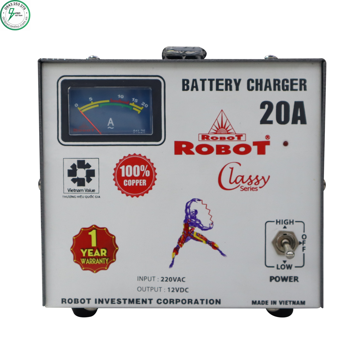 MÁY SẠC BÌNH ẮC QUY ROBOT 12V-20AH (DÂY ĐỒNG)