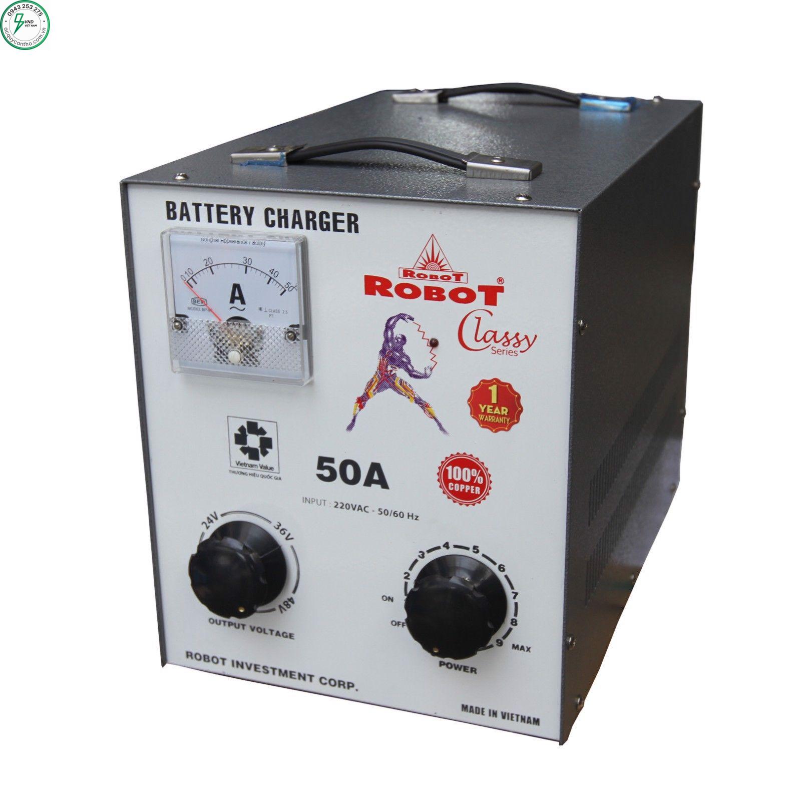 MÁY SẠC BÌNH ẮC QUY ROBOT 12 -24-36V 50AH (DÂY ĐỒNG)